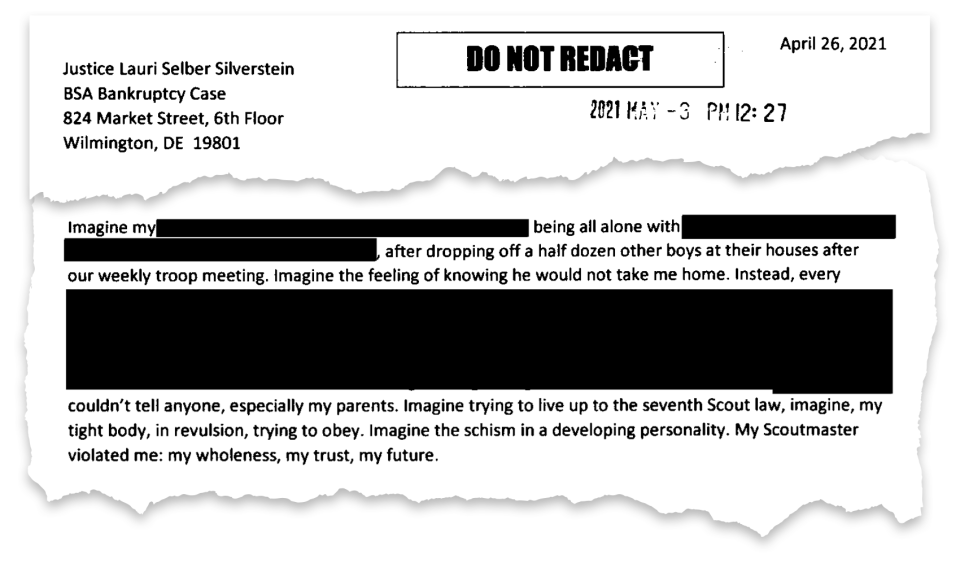 Bankruptcy court Judge Laurie Silverstein has received hundreds of letters describing stories of sexual abuse. This author requested his letter not be redacted by the court but paragraphs were blacked out before it was made public.