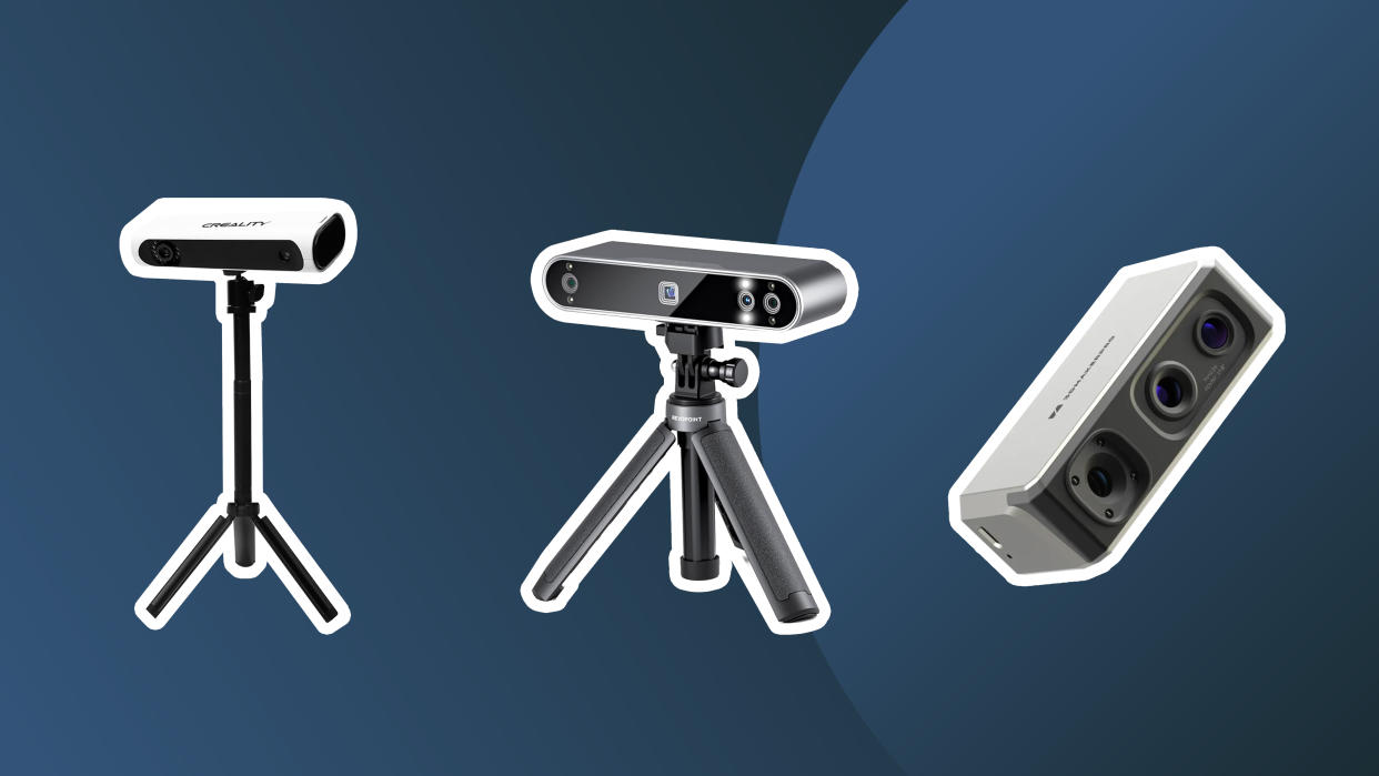  Three of the best 3D scanners on a dark blue background. 