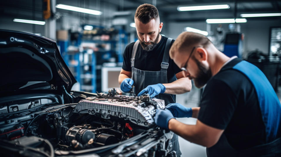 A group of technicians in a garage, inspecting car parts and ensuring safety compliance.