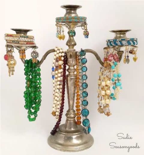 Turn a silver candelabra in a jewelry tree.