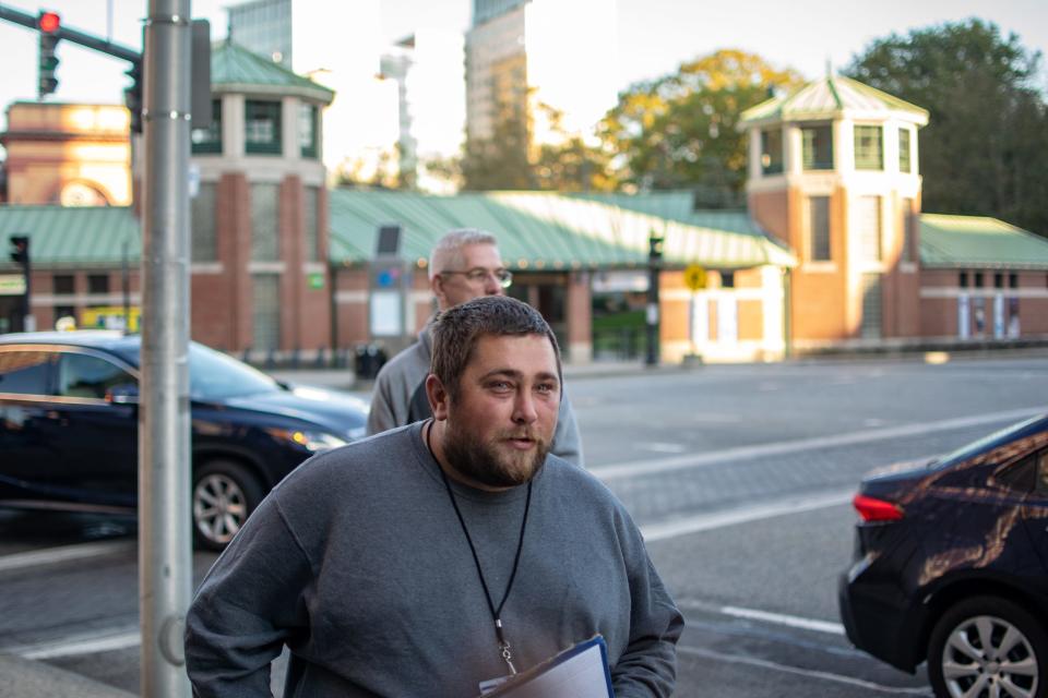 Chris Reilly protests Providence's lack of progress toward providing shelter for the unhoused at a rally Wednesday at City Hall.