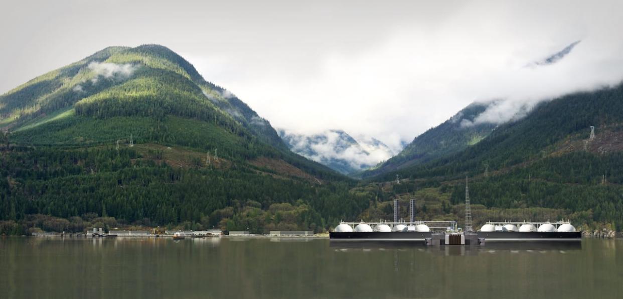 The Woodfibre LNG project near Squamish, B.C., shown here in an artist's rendering, is expected to be complete by 2027. (Submitted by Woodfibre LNG - image credit)