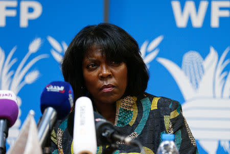 Ertharin Cousin, Executive Director of the United Nations World Food Programme, speaks during a news conference discussing the latest challenges the agency is facing in Yemen, in ?Amman, Jordan, March 13, 2017. REUTERS/Muhammad Hamed