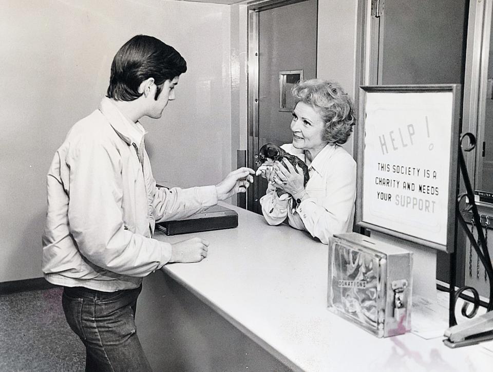 Betty White at a spcaLA shelter in 1975.