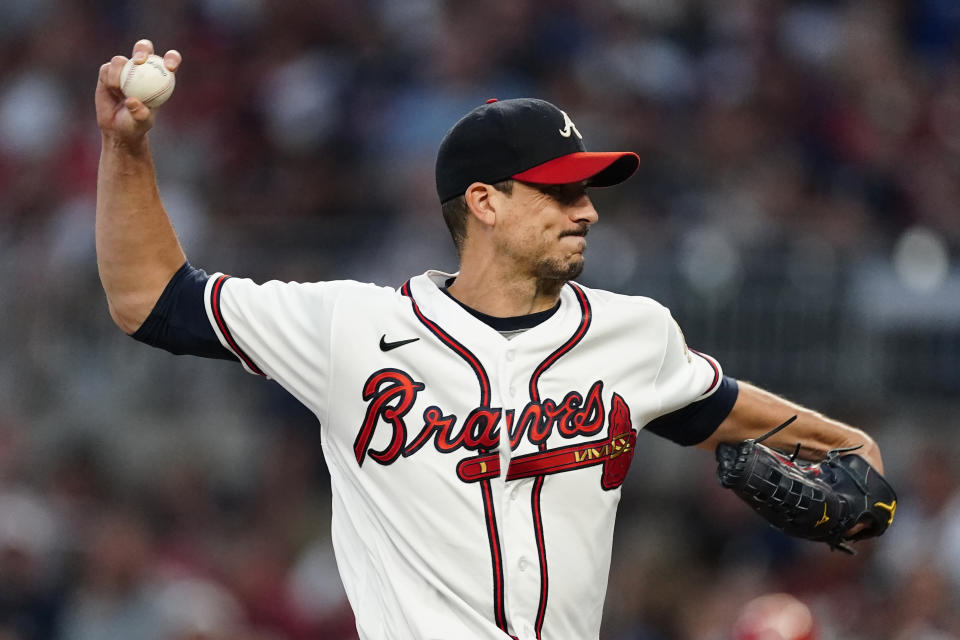 Atlanta Braves starting pitcher Charlie Morton (50) delivers in the first inning of a baseball game against the Philadelphia Phillies Tuesday, Sept. 28, 2021, in Atlanta. (AP Photo/John Bazemore)