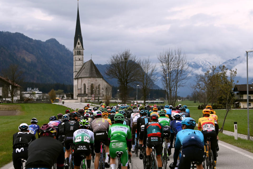 ALPBACH AUSTRIA  APRIL 17 General view of the peloton competing through a mountainous landscape during the 46th Tour of the Alps 2023 Stage 1 a 1275km stage from Rattenberg to Alpbach 984m on April 17 2023 in Alpbach Austria Photo by Tim de WaeleGetty Images