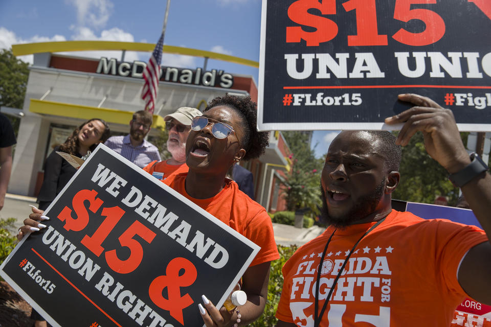 FORT LAUDERDALE, FLORIDA - MAY 23:  People gather together to ask  the McDonald’s corporation to raise workers wages to a $15 minimum wage as well as demanding the right to a union on May 23, 2019 in Fort Lauderdale, Florida.  The nation wide protest at McDonald’s was held on the day of the company’s shareholder meeting. (Photo by Joe Raedle/Getty Images)