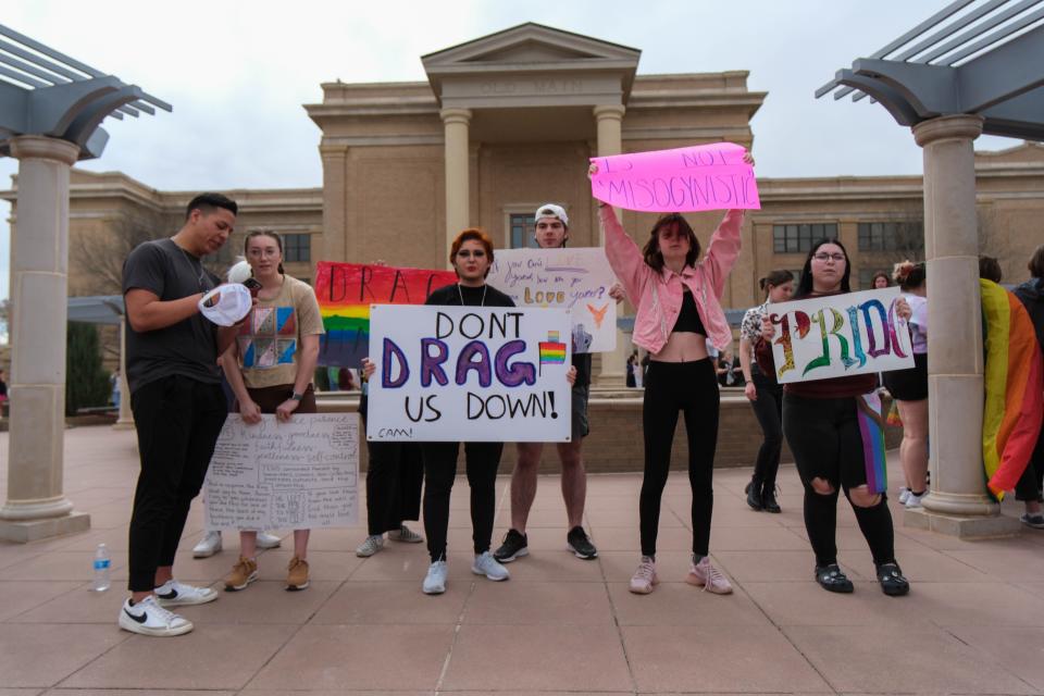 WT students protest for a second day Wednesday in response to university president's cancellation and comments about an on-campus drag show in Canyon, Texas.