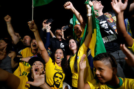 Supporters of Jair Bolsonaro react after Bolsonaro wins the presidential race in Brasilia. REUTERS/Adriano Machado