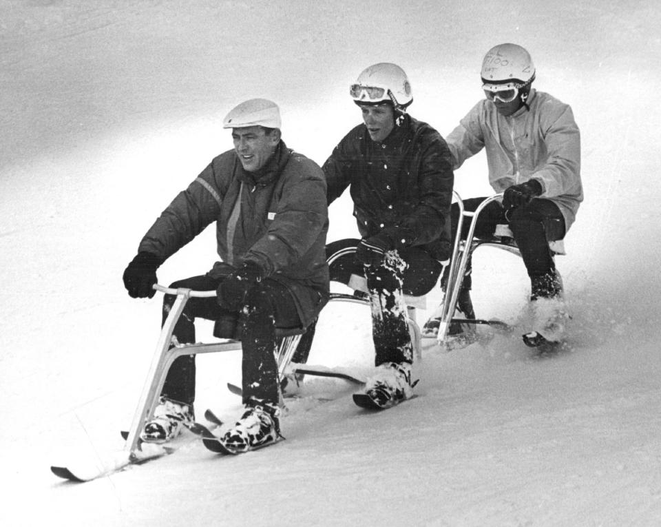 <p>Like something out of <em>The Three Stooges</em>, a trio of daredevils speed downhill on what looks like a bicycle of skis at <strong>A-Basin on Loveland Pass, Colorado.</strong> The sport is called "<strong>bobbing</strong>" and hails from Austria. </p>