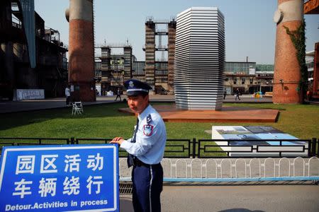 The Smog Free Tower, the world's largest smog vacuum cleaner designed by Dutch artist and innovator Daan Roosegaarde is seen at former industrial zone, now D-751 art district, as the artist presents his the Smog Free Project in Beijing September 29, 2016. REUTERS/Damir Sagolj