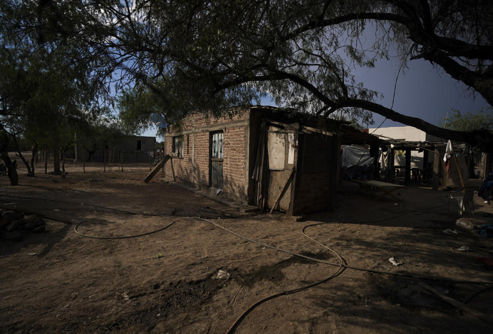 Water hoses criss cross a yard in the hometown of slain water-defense leader Tomás Rojo, in Potam, Mexico, Tuesday, Sept. 27, 2022. Only those wealthy enough to buy and operate small electric pumps have running water. (AP Photo/Fernando Llano)