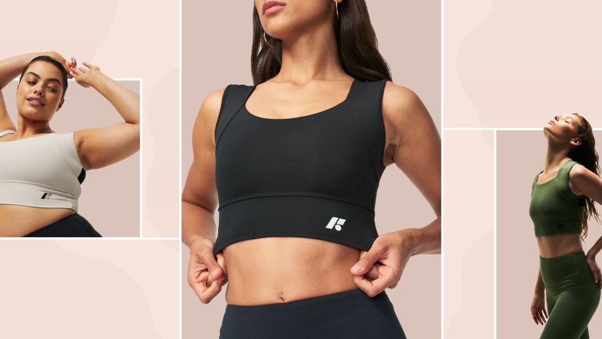 a collage of a women wearing the forme power bra