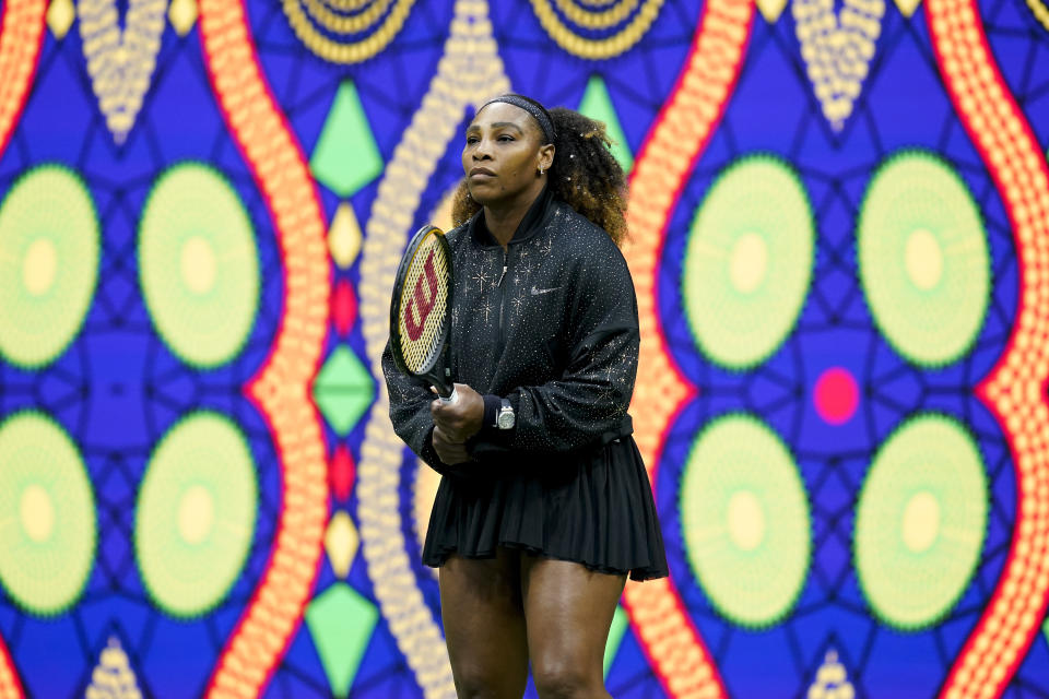 Serena Williams, of the United States, warms up before playing against Anett Kontaveit, of Estonia, during the second round of the U.S. Open tennis championships, Wednesday, Aug. 31, 2022, in New York. (AP Photo/Seth Wenig)