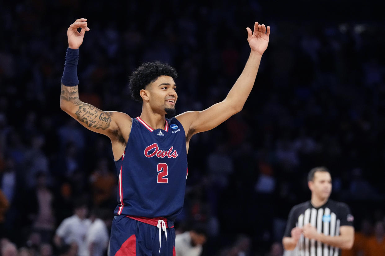 Florida Atlantic guard Nicholas Boyd reacts after a play during the second half of a Sweet 16 college basketball game against Tennessee in the East Regional of the NCAA tournament at Madison Square Garden, Thursday, March 23, 2023, in New York. (AP Photo/Frank Franklin II)