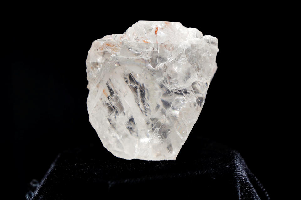 The 1109 carat "Lesedi La Rona" diamond is displayed in a case at Sotheby's in the Manhattan borough of New York