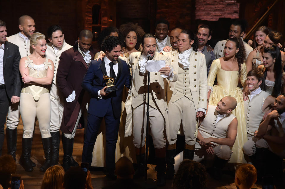 NEW YORK, NY - FEBRUARY 15:  Music director Alex Lacamoire and Actor, composer Lin-Manuel Miranda celebrate on stage during 'Hamilton' GRAMMY performance for The 58th GRAMMY Awards at Richard Rodgers Theater on February 15, 2016 in New York City.  (Photo by Theo Wargo/Getty Images)