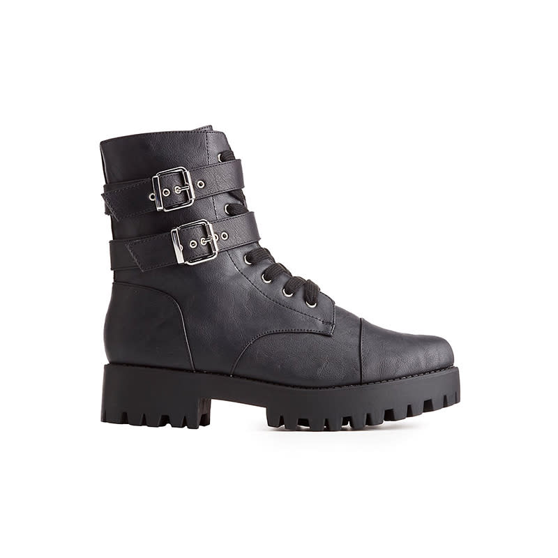 <a rel="nofollow noopener" href="http://rstyle.me/n/ctcxtpchdw" target="_blank" data-ylk="slk:Buckled Lug Sole Combat Boots, Charlotte Russe, $45;elm:context_link;itc:0;sec:content-canvas" class="link ">Buckled Lug Sole Combat Boots, Charlotte Russe, $45</a>