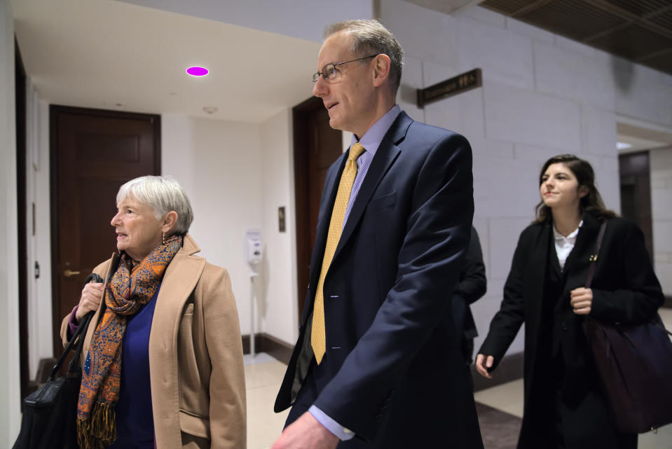 Mark Sandy, a career employee in the White House Office of Management and Budget, arrives at the Capitol to testify in the House Democrats' impeachment inquiry about President Donald Trump's effort to tie military aid to Ukraine to investigations of his political opponents, in Washington, Saturday, Nov. 16, 2019. (AP Photo/J. Scott Applewhite)