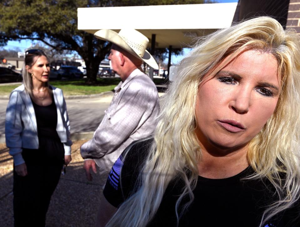 Cindy Niblett (right), a former co-worker of Trenton Ray, reminisces about her friend after the press conference announcing the lawsuit against the city of Brownwood and other local entities Feb. 22.