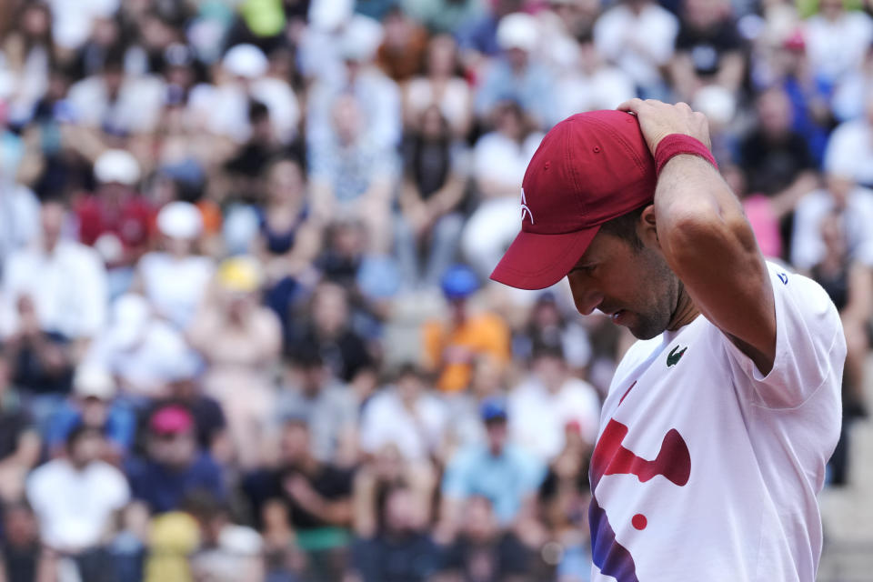 Novak Djokovic, of Serbia, arrives at a training session during the Italian Open tennis tournament in Rome, Saturday, May 11, 2024.(AP Photo/Gregorio Borgia)