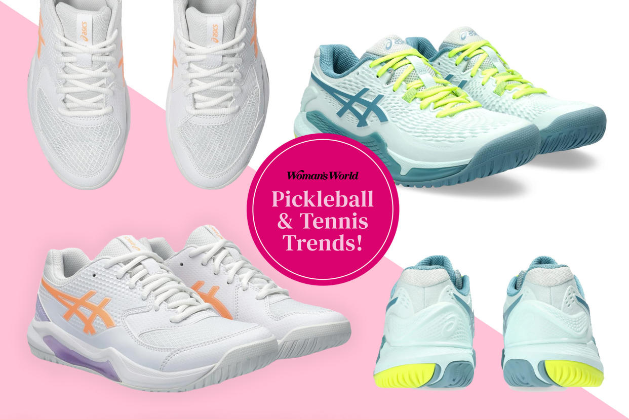 Various tennis and pickleball shoes arranged on a pink and white background with text that reads 'Woman's World; Pickleball and Tennis Trends.'