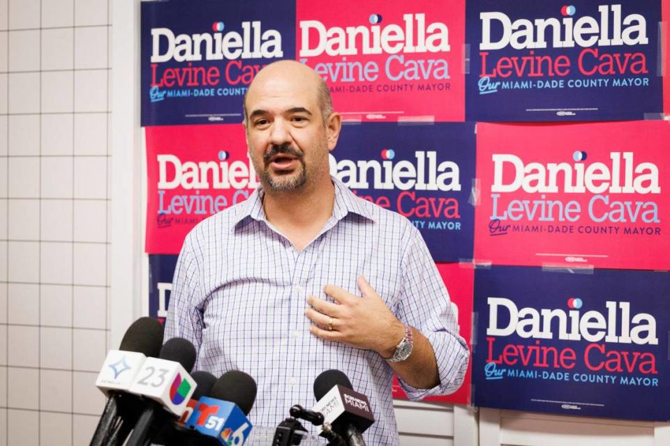 Christian Ulvert, head of the reelection campaign for Miami-Dade Mayor Daniella Levine Cava, speaks during a press conference with the newly reelected mayor on Wednesday, Aug. 21, 2024, at her campaign office in Miami.