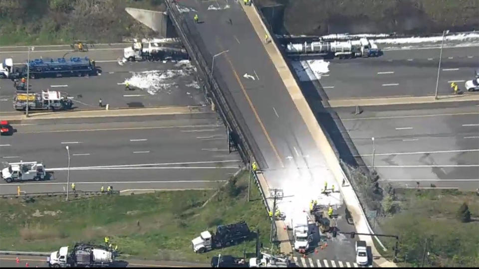 The aftermath of a tractor-trailer fire on I-95 in Conn. on May 2, 2024.  / Credit: CBS2