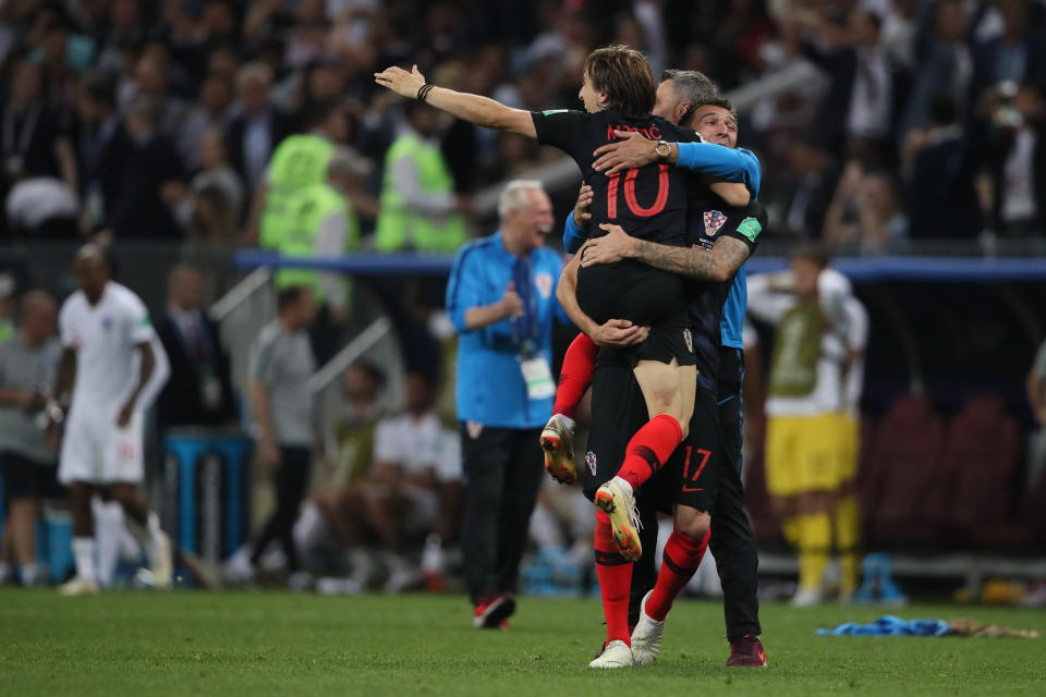 <p>Luka Modric of Croatia and Mario Mandzukic of Croatia celebrate reaching the World Cup final during the 2018 FIFA World Cup Russia Semi Final match between England and Croatia at Luzhniki Stadium on July 11, 2018 in Moscow, Russia. (Photo by Matthew Ashton – AMA/Getty Images) </p>