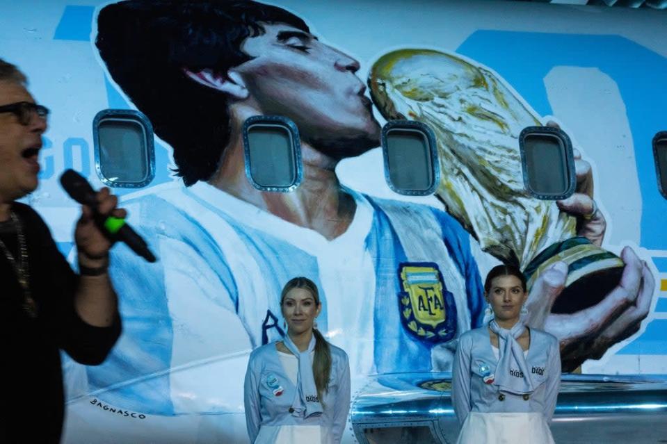 An aeroplane in tribute to Diego Maradona was unveiled in Argentina on Wednesday (AP)
