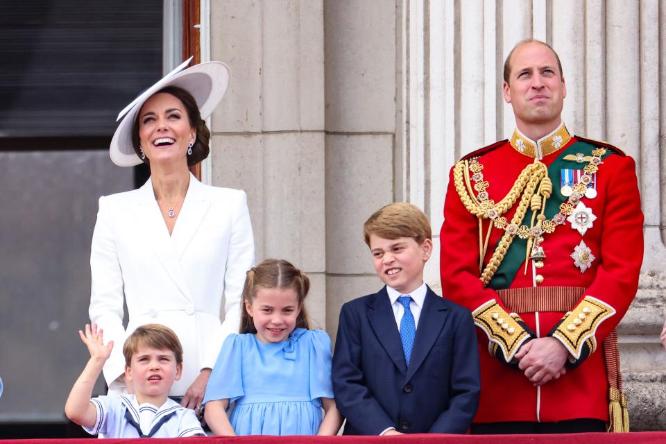 Prince Louis of Cambridge, Catherine, Duchess of Cambridge, Princess Charlotte of Cambridge, Prince George of Cambridge and Prince William, Duke of Cambridge during Trooping the Colour.