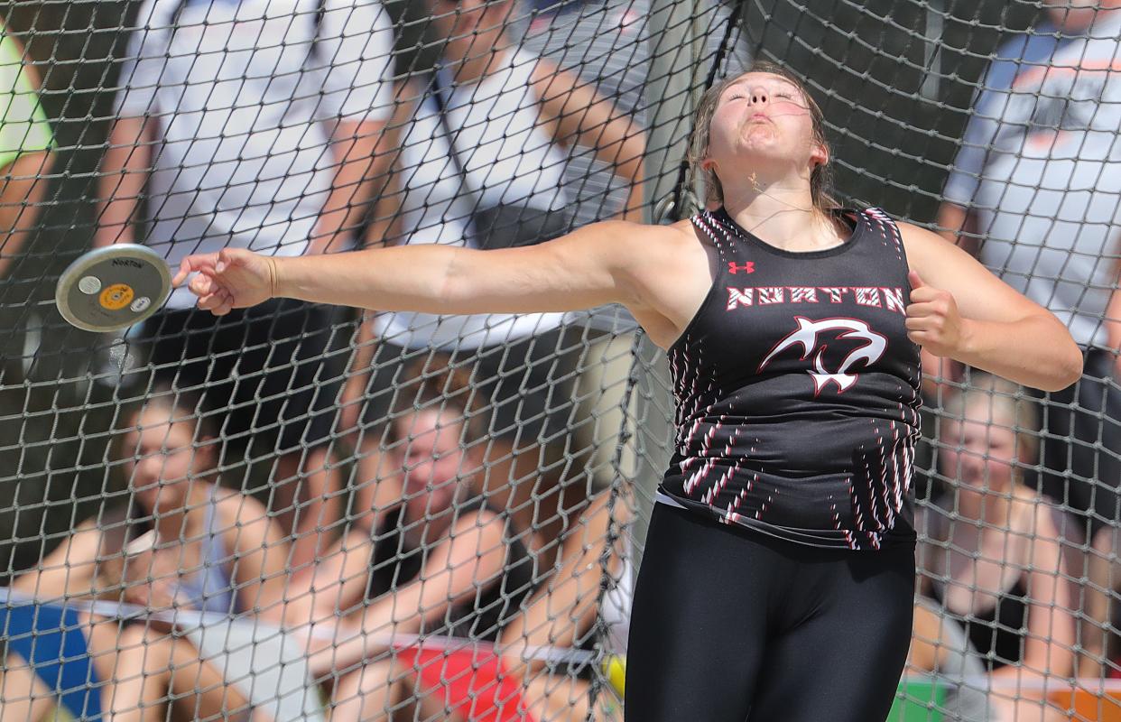 Norton's Morgan Hallett sets a state record in the discus during the OHSAA Division II state meet, Friday, June 2, 2023 in Columbus.