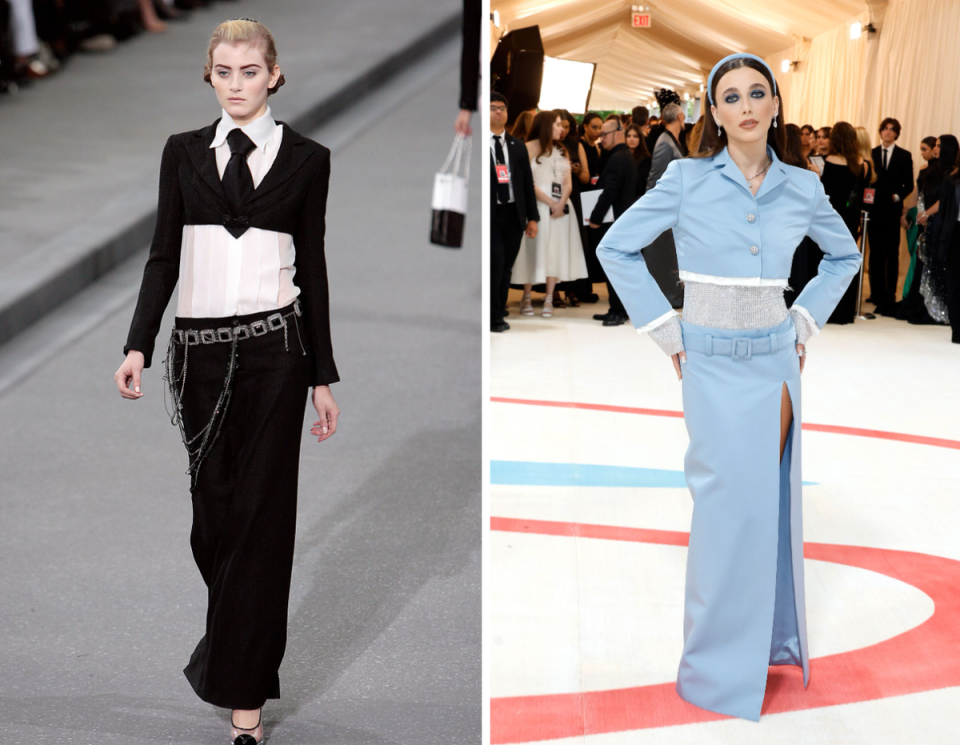 A Chanel runway outfit from 2009, Emma Chamberlain last night in MiuMiu (Getty Images)