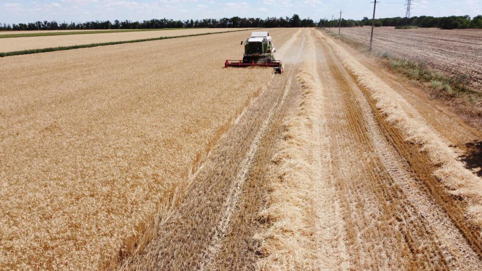 An aerial picture taken on July 21, 2022, shows a combine harvester in a wheat field near Mykolaiv, amid the Russian invasion of Ukraine.