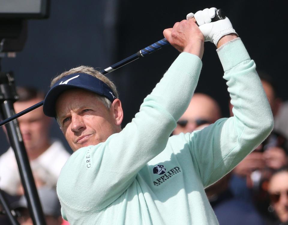 European Ryder Cup captain Luke Donald tees off on the first hole during a practice round Monday at the PGA Championship at Oak Hill Country Club.