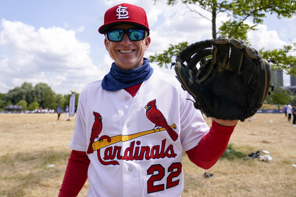 Former player David Eckstein poses for a photograph during the MLB First Pitch Festival, at the Queen Elizabeth Olympic Park, in London, Thursday, June 22, 2023. Britain's relative success at the World Baseball Classic and the upcoming series between the Chicago Cubs and St. Louis Cardinals has increased London's interest about baseball. The sport's governing body says it has seen an uptick in interest among kids. (AP Photo/Alberto Pezzali)