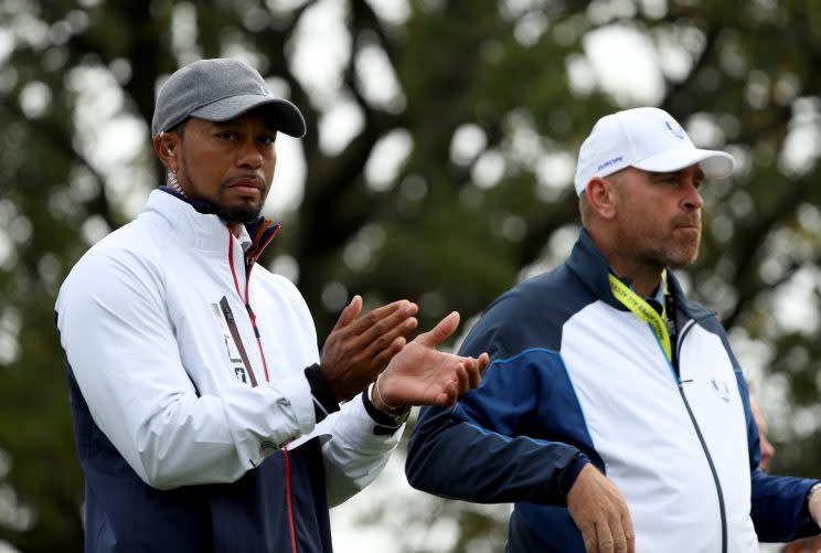 Tiger Woods looks on during morning foursomes competition at the Ryder Cup. (Getty Images)