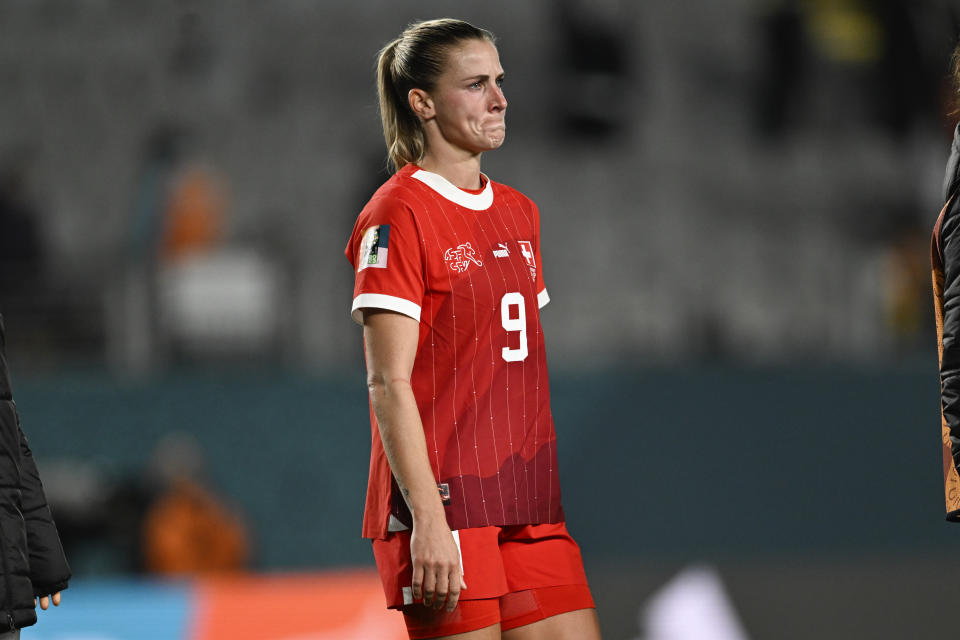 Switzerland's Ana Maria Crnogorcevic reacts as she walks from the pitch following the Women's World Cup second round soccer match between Switzerland and Spain at Eden Park in Auckland, New Zealand, Saturday, Aug. 5, 2023. (AP Photo/Andrew Cornaga)