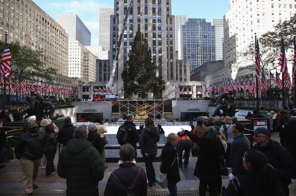 NEW YORK, NY - NOVEMBER 14: People watch as the Rockefeller Center Christmas tree is raised into position on November 14, 2012 in New York City. The tree, an 80-year old Norway Spruce, was donated by Joe Balku of Flanders, New Jersey. It weighs approximately 10 tons, measures 80 feet tall and is 50 feet in diameter. The official tree-lighting ceremony will be Wednesday, November 28. (Photo by John Moore/Getty Images)