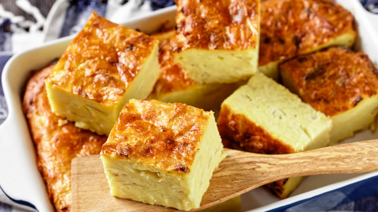 Cubes of potato kugel