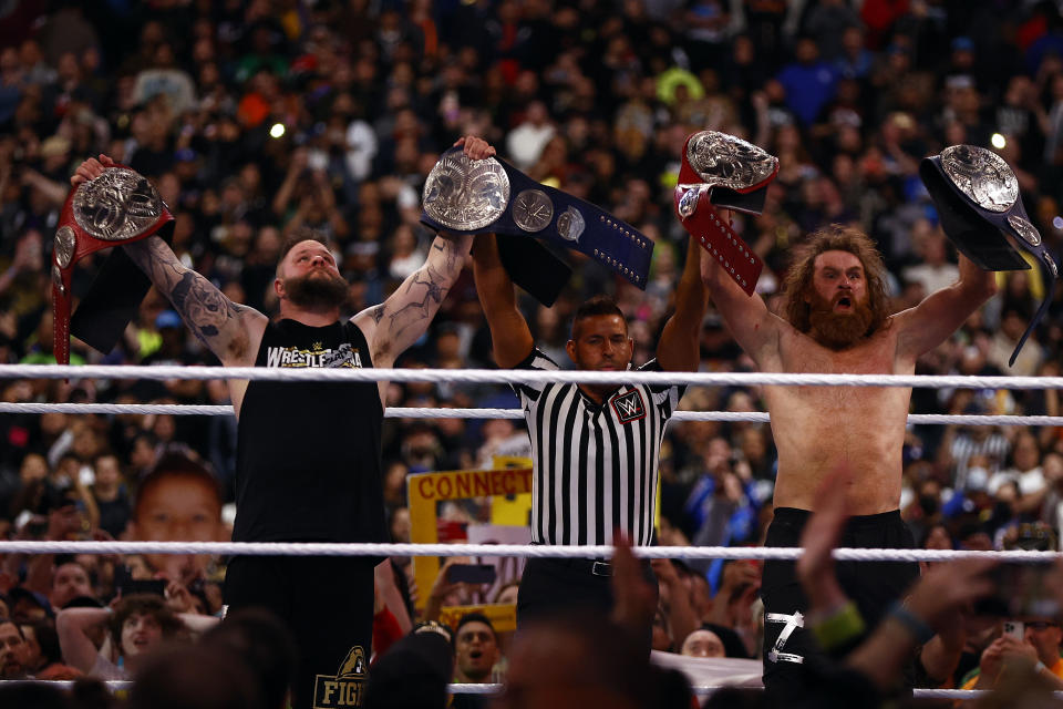 INGLEWOOD, CALIFORNIA - APRIL 01: Kevin Owens and Sami Zayn after defeating The Usos for the Undisputed WWE tag team championship during WrestleMania Goes Hollywood at SoFi Stadium on April 01, 2023 in Inglewood, California. (Photo by Ronald Martinez/Getty Images)