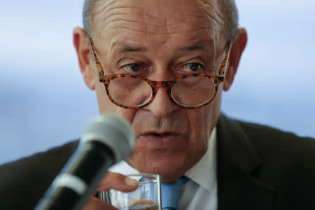 FILE PHOTO: French Foreign Affairs Minister Jean-Yves Le Drian speaks during a news conference at the Permanent Mission of France to the United Nations in Manhattan, New York, U.S. September 24, 2018. REUTERS/Amr Alfiky