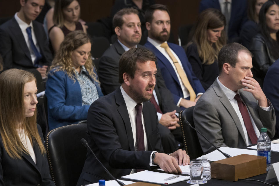 From left Monika Bickert, head of global policy management at Facebook, Nick Pickles, public policy director for Twitter, and Derek Slater, global director of information policy at Google testify before the Senate Commerce, Science and Transportation Committee on how internet and social media companies are prepared to thwart terrorism and extremism, Wednesday, Sept. 18, 2019, on Capitol Hill in Washington. (AP Photo/J. Scott Applewhite)