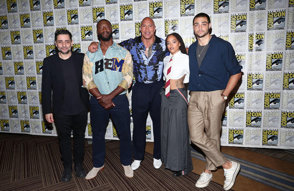 Jaume Collet-Serra, Aldis Hodge, Dwayne Johnson, Quintessa Swindell, and Noah Centineo attend the Warner Bros. “Black Adam” and “Shazam” press line - Credit: Emma McIntyre/Getty Images