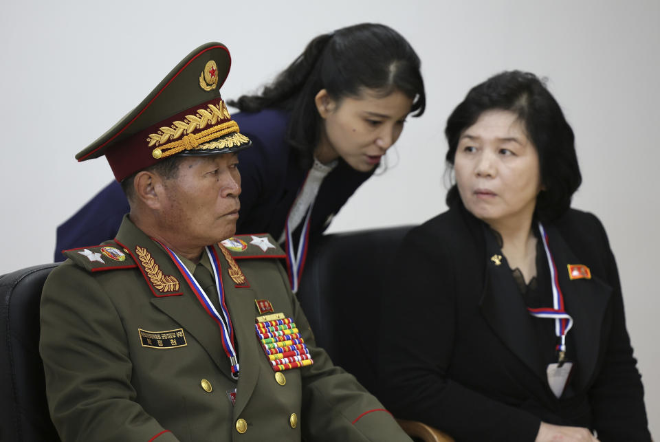 North Korean Marshal Pak Jong-chon, left, and Foreign Minister Choe Son-hui, right, attend a meeting of Russian President Vladimir Putin and North Korea's leader Kim Jong Un at the Vostochny cosmodrome outside the city of Tsiolkovsky, about 200 kilometers (125 miles) from the city of Blagoveshchensk in the far eastern Amur region, Russia, on Wednesday, Sept. 13, 2023. (Vladimir Smirnov, Sputnik, Kremlin Pool Photo via AP)
