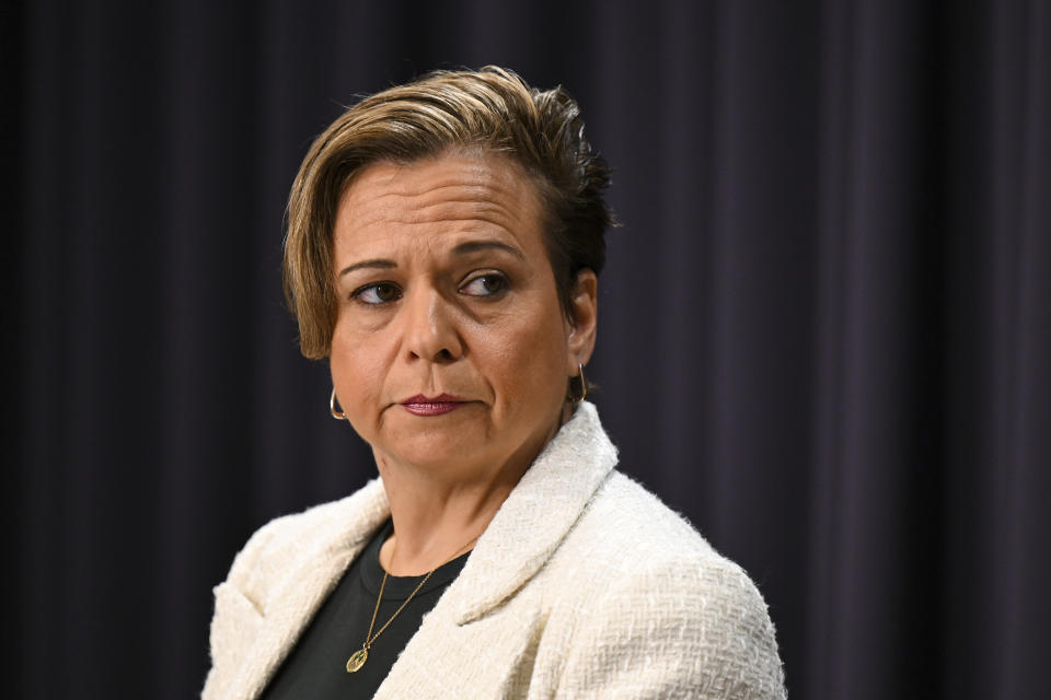 Australian Communications Minister Michelle Rowland speaks to the media during a press conference at Parliament House in Canberra, Monday, Sept. 18, 2023. Rowland said the online dating industry must improve safety standards or be forced to make changes through legislation, responding to research that says three-in-four Australian users suffer some form of sexual violence through the platforms. (Lukas Coch/AAP Image via AP)