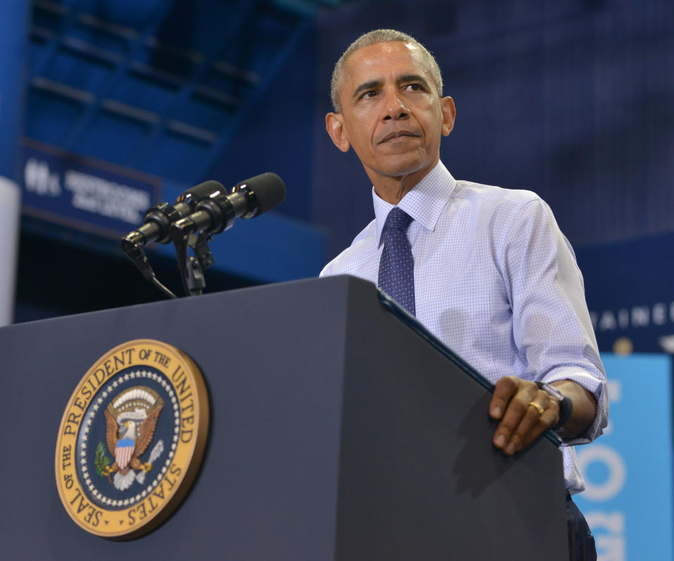 MIAMI, FL - NOVEMBER 03: U.S. President Barack Obama speaks during a campaign rally to a crowd of 4,500 people in support of Democratic presidential candidate Hillary Clinton at Florida International University on November 3, 2016 in Miami, Florida. Election day for the presidential candidates is 5 days away.  (Photo by JL) *** Please Use Credit from Credit Field ***