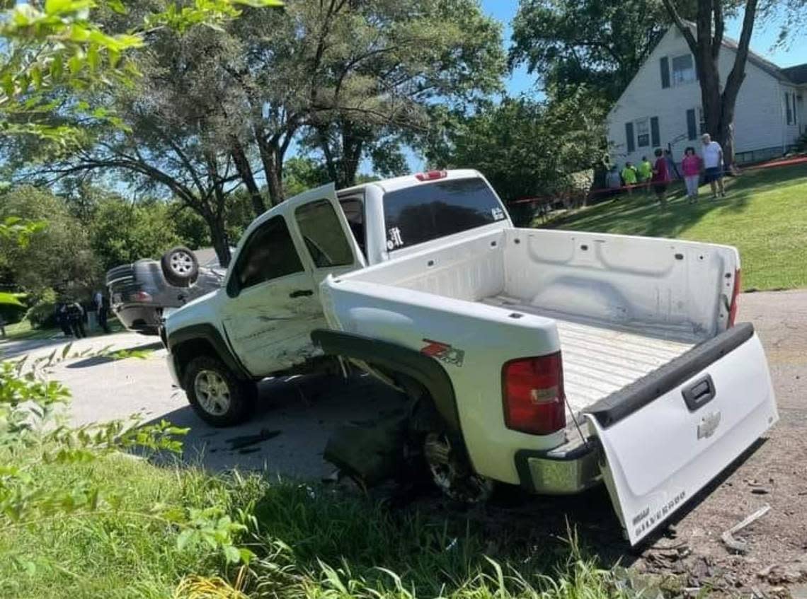 Henry Kolenda, 23, was driving with his girlfriend Mia Billings, 22, when they were hit by a fleeing vehicle in Kansas City, Kansas. The impact lifted the truck's cab and bed off the frame, Billings said.