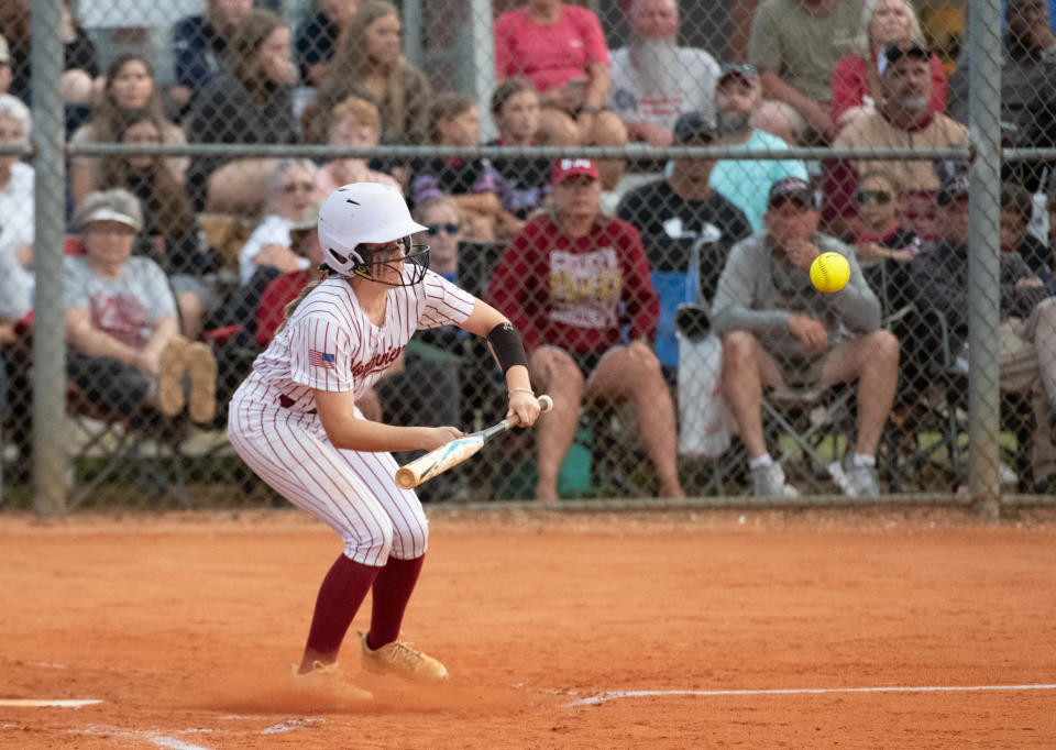 Makayla Golson (5) attempts a bunt during the Jay vs Northview District 1-1A championship softball game at Central High School in Milton on Thursday, May 2, 2024.