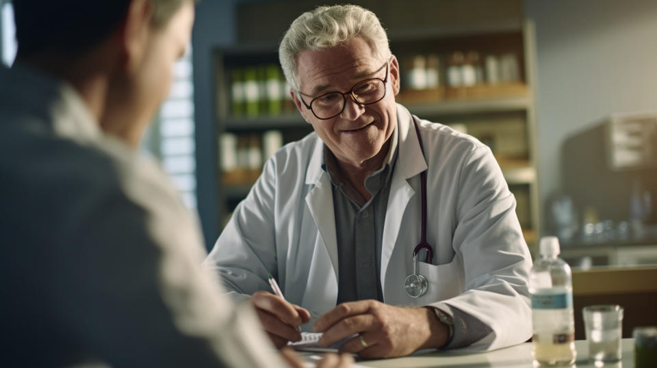 A senior physician in a modern healthcare institution administering medication to a patient.